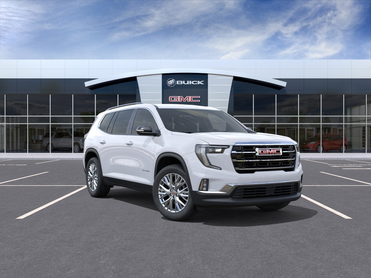 2026 GMC Acadia Elevation in Summit White — front three-quarter view